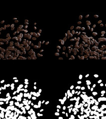 3D illustration of a coffee beans flow with alpha layer