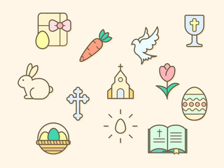 Fototapeta premium Vector illustration of a easter and church elements. Contains such as eggs, religion, bunny, gifts, spring, rabbit, celebration, decoration and more. Flat illustration style line drawing and backgroun