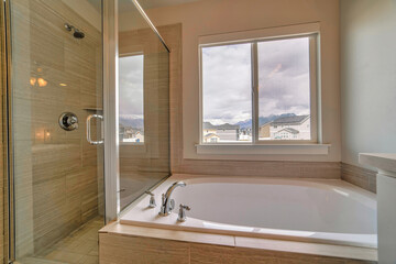 Shower stall with glass wall and door beside built in bathtub inside bathroom