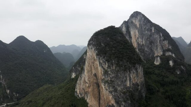 Amazing karst mountain pinnacles in Asia, aerial view