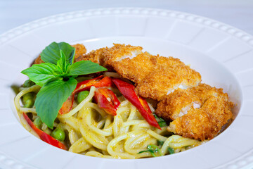 Spaghetti Green Curry with Crispy Chicken