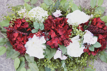 Fall bouquet of roses and hydrangea with greenery