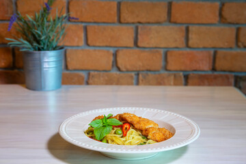 Spaghetti Green Curry with Crispy Chicken