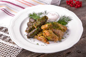 Dolma. Cabbage rolls. Rolls of rice with meat and vegetables wrapped in grape and cabbage leaves. Balkan cuisine. National cuisine. Nourishing, useful, natural. Rustic cuisine.