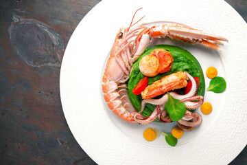Langoustine, scallop, octopus, mussels, spinach puree. Italian restaurant. Menu. Free space for text