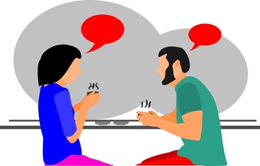 Man and Woman Drink coffee While Working and Discuss together at the cafe. Vector Illustration