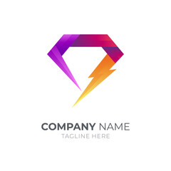 Flash diamond logo. Diamond stone and thunder shape with ribbon 3d shape in gradient color