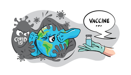 Vector illustration of the earth fighting against coronavirus covid-19, got offered a vaccine.