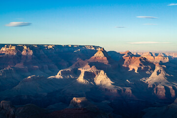 Sunset at the Grand Canyon in Arizona bathed in evening light