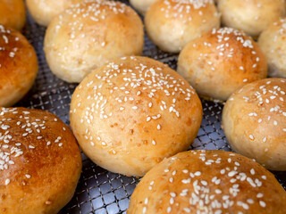 Fresh homemade burger buns with sesame seed.