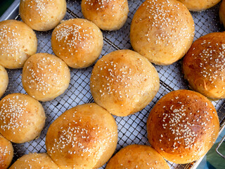 Fresh homemade burger buns with sesame seed.
