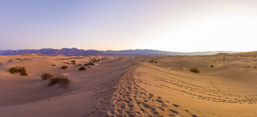 Footprints in sand dunes in Death Valley National Park at sunrise.