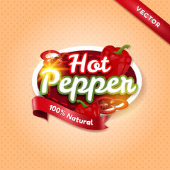 Hot pepper logo, label, badge or sticker. Fresh natural paprika for market, packing, or business. Vector illustration.