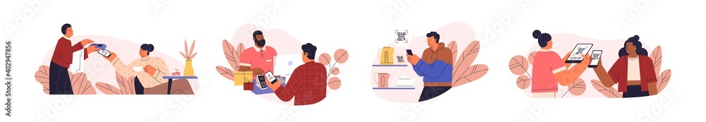 Poster People use mobile cashless payment system or scan qr code vector flat illustration. Characters using digital banking service and application for bonuses accumulation isolated on white. Contactless pay