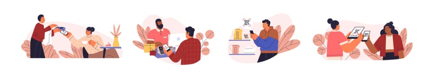 People use mobile cashless payment system or scan qr code vector flat illustration. Characters using digital banking service and application for bonuses accumulation isolated on white. Contactless pay
