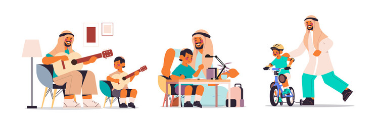 set arab father spending time with little son parenting fatherhood friendly family concept arabic dad having fun with his kid full length horizontal vector illustration