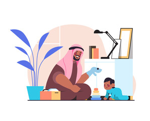 arab father playing with little son at home fatherhood parenting concept dad spending time with his kid horizontal full length vector illustration