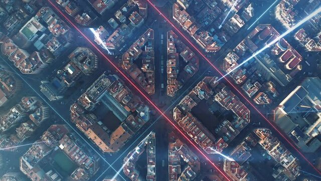 Futuristic Big data signal beams, moving light speed on top down city - 3d graphics animation
