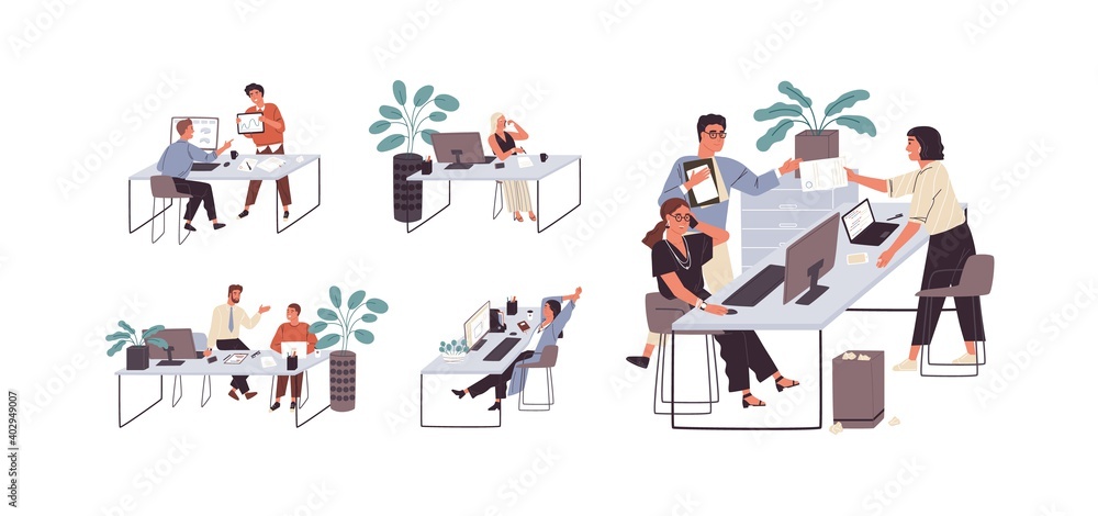 Wall mural Set of office clerks communicating, having break, working with computer and documents at workplaces. Collection of colleagues chatting. Everyday routine. Flat vector illustration isolated on white