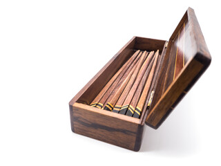 Isolated of Wooden chopsticks in wooden box
