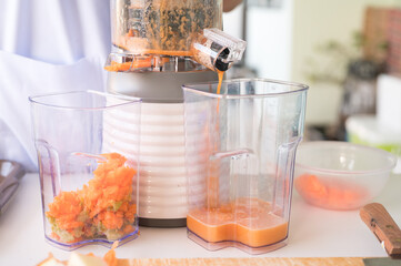 Vegetable and fruit juice healthy with food juicer machine.Woman juicing green and red apple fruits...