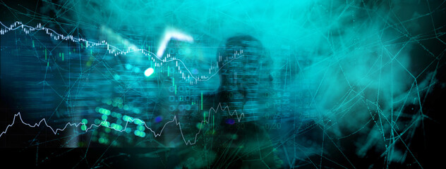 market trading stock index number and graph on black blue digital technology blur light line and...