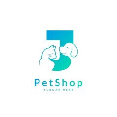Initial letter J. Pet logo design template. Modern animal icon for store, veterinary clinic, business service. Logo with cat and dog concept.