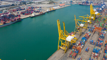 Container ship terminal, and quay crane of container ship at industrial port with shipping...