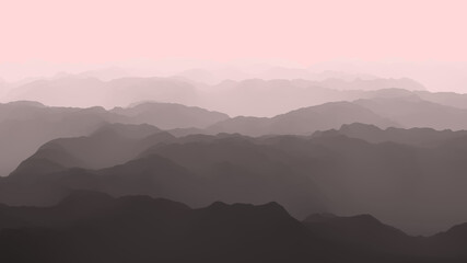 Aerial view of Majestic and dramatic foggy mountains , Flight over mountains, 3D render