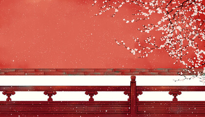 Snow falls on the red wall in the winter oriental courtyard. Asian home, classical painting.