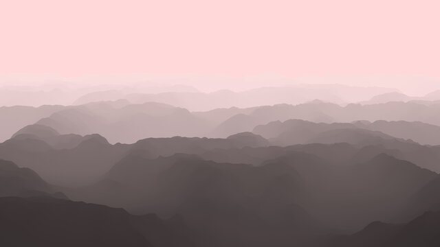 Aerial view of foggy mountains from Bird's eye, Flight over mountains, 3d render