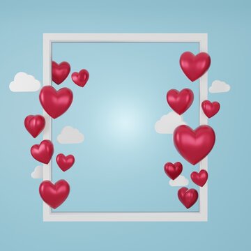 3D illustration of love and valentine day, White picture frame and Red heart float on the blue background. 3D Rendering
