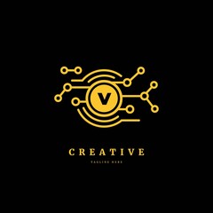Initial letter V with connected circle. Technology logotype. Luxury dots logo design concept, fit for company and business.