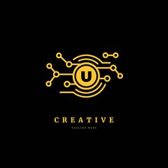 Initial letter U with connected circle. Technology logotype. Luxury dots logo design concept, fit for company and business.