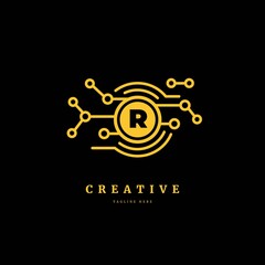 Initial letter R with connected circle. Technology logotype. Luxury dots logo design concept, fit for company and business.