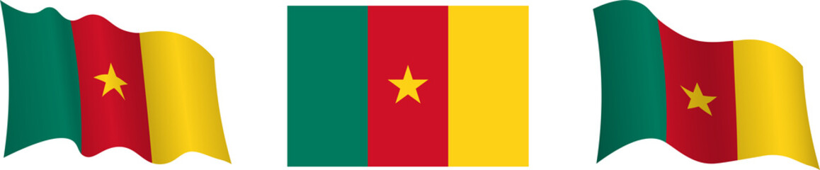 Cameroon flag in static position and in motion, fluttering in wind in exact colors and sizes, on white background