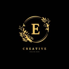Initial letter E with leaf logo vector concept element, letter E logo with floral ornament