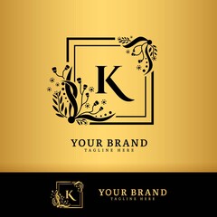 Initial letter K with leaf logo vector concept element, letter K logo with floral ornament. Square natural frame badge.