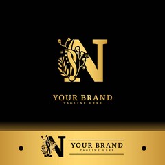 Initial letter N with natural logo vector concept element, letter N logo with floral ornament.