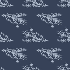 Fototapeta na wymiar White rosemary branches seamless hand drawn herbal pattern. Navy blue dark background.