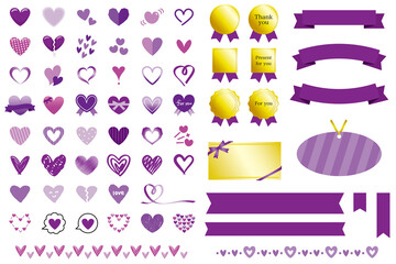 ハートのアイコンとリボンセット　プレゼント　ギフト　紫　Heart Icons Ribbons label purple