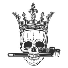 Vintage monochrome skull builder from new construction with crown wrenches plumbing and gas pipes isolated vector illustration