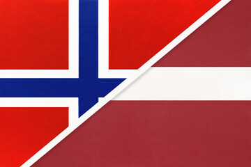 Fototapeta premium Norway and Latvia, symbol of national flags from textile.