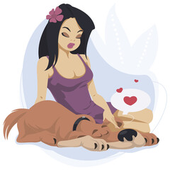 Beautiful girl caresses dog. Illustration for internet and mobile website.