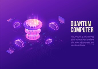 Quantum computer futuristic processor, chip with network, isometric vector illustration, glowing purple design, innovation cloud computing technology