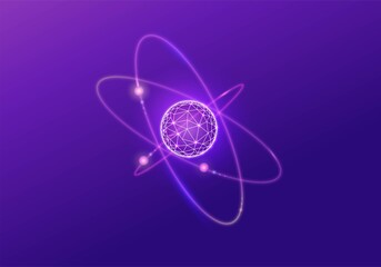 Quantum low poly wireframe icon, 3d vector physics symbol, neon glowing polygon illustration, good for futuristic concept - 402956895