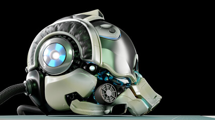 Robot head or science fiction helmet. Animation 3D Render.