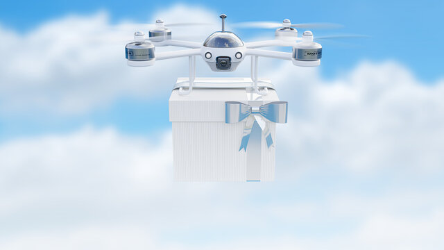 Drone on sky background delivering Gift box mock up. Autonomous logistic concept, 3D Render.