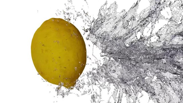 Realistic render of a lemon hitting a water splash in super slow motion. Presented on white background.
