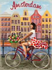 Amsterdam vintage poster.Happy Pin-up girl on  a bike with flowers. - obrazy, fototapety, plakaty